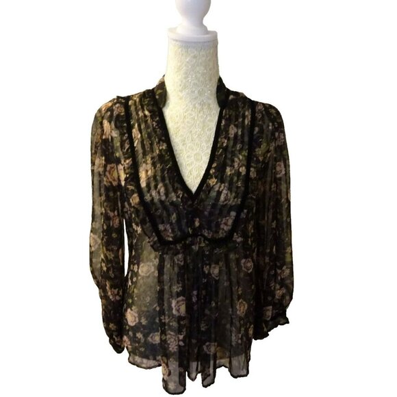 Pre-Loved Zara Small Black with Pink Flowers Sheer Long Sleeve Blouse - Picture 2 of 8